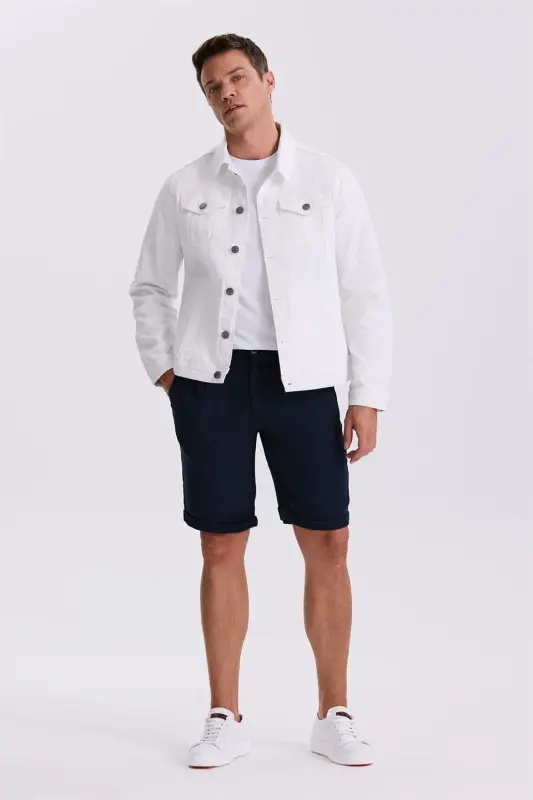 Dark Navy Comfort Fit Linen Textured Relaxed Fit Double Cuff Shorts - 2
