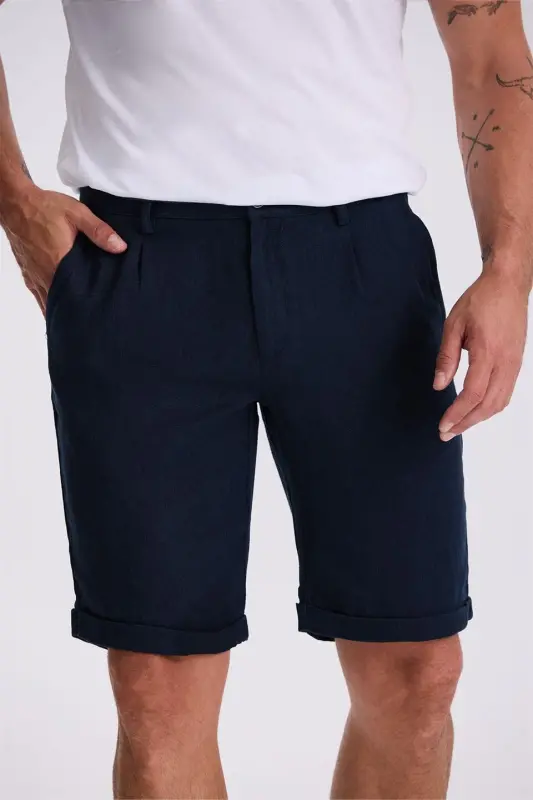 Dark Navy Comfort Fit Linen Textured Relaxed Fit Double Cuff Shorts - 3