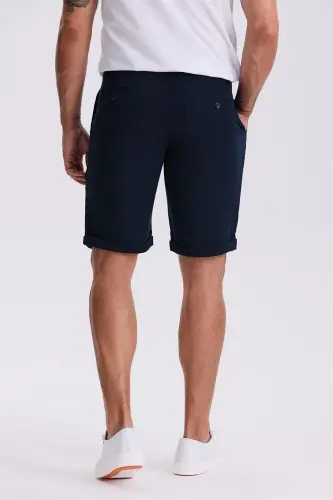 Koyu Lacivert Comfort Fit Keten Dokulu Rahat Kesim Duble Paça Şort - 4