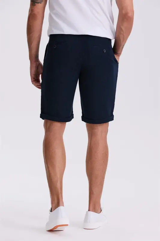 Koyu Lacivert Comfort Fit Keten Dokulu Rahat Kesim Duble Paça Şort - 4