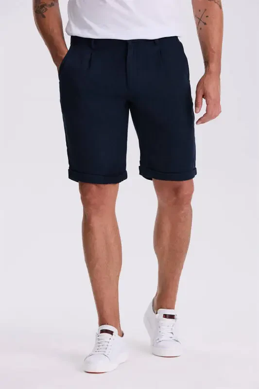 Dark Navy Comfort Fit Linen-Textured Relaxed Fit Double Pleat Shorts - 1
