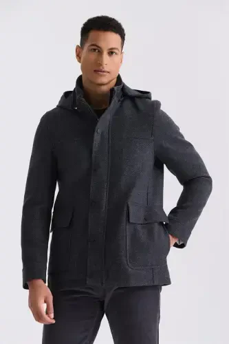 Dark Navy Comfort Fit Mandarin Collar Patterned Hooded Wool Sports Jacket 