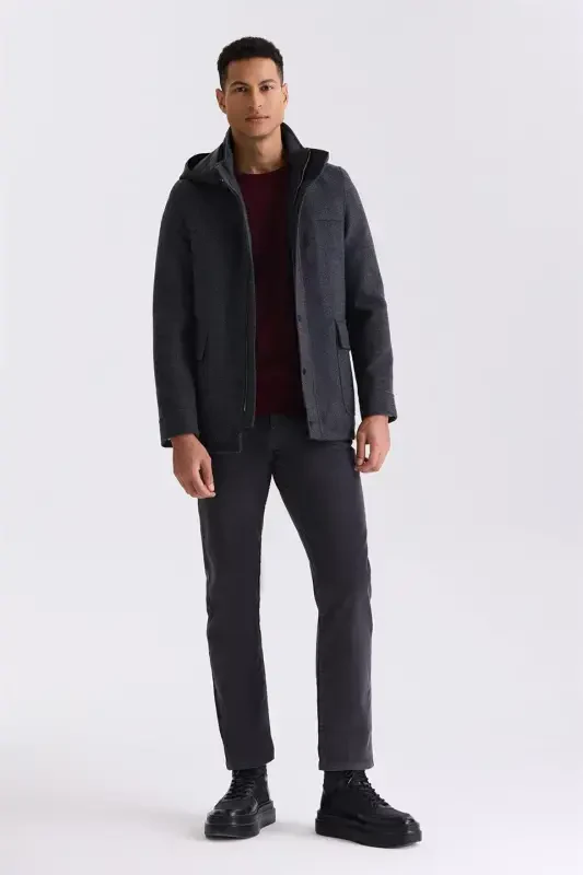 Dark Navy Comfort Fit Mandarin Collar Patterned Hooded Wool Sports Jacket - 2