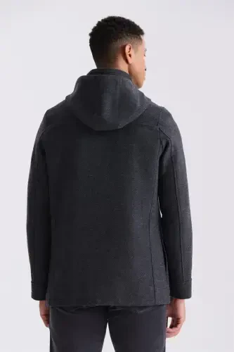 Dark Navy Comfort Fit Mandarin Collar Patterned Hooded Wool Sports Jacket - 4