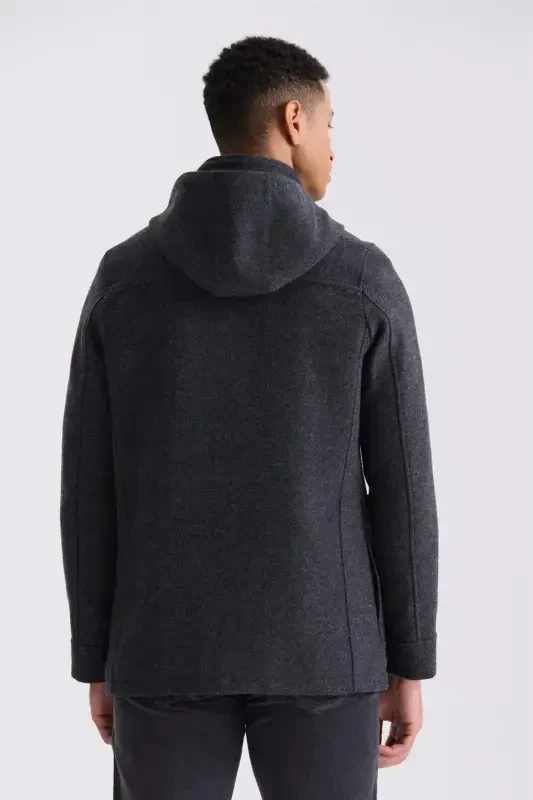 Dark Navy Comfort Fit Mandarin Collar Patterned Hooded Wool Sports Jacket - 4