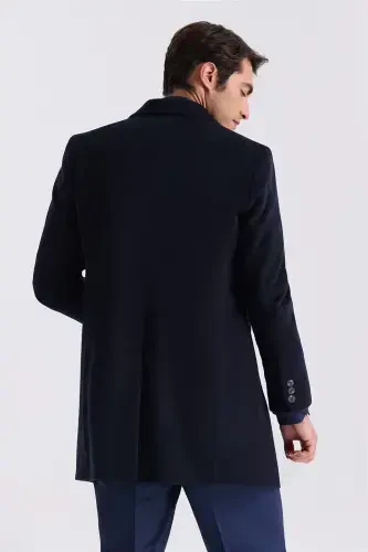 Dark Navy Comfort Fit Stand Collar Side Pocket Wool Coat - 4