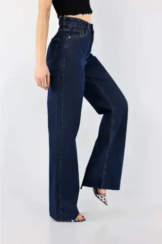 Dark Navy Extra High Power Lycra Baggy Jeans Palazzo Pants (Super High)-Navy - 2