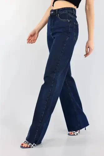 Dark Navy Extra High Power Lycra Baggy Jeans Palazzo Pants (Super High)-Navy - 3