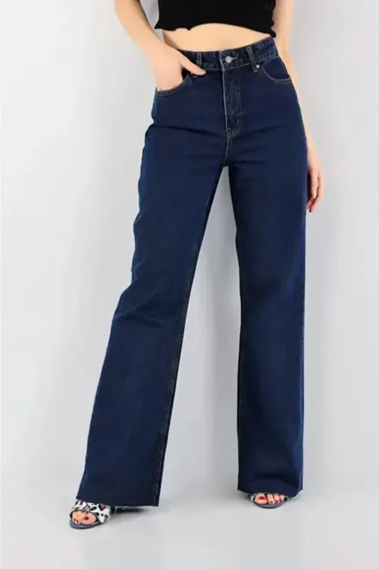 Dark Navy Extra High Power Lycra Baggy Jeans Palazzo Pants (Super High)-Navy - 4