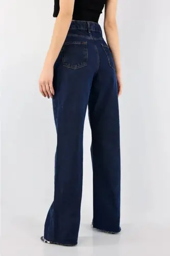 Dark Navy Extra High Power Lycra Baggy Jeans Palazzo Pants (Super High)-Navy 