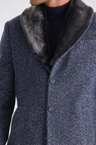 Dark Navy Regular Fit Detachable Fur Collar Patterned Wool Coat - 3