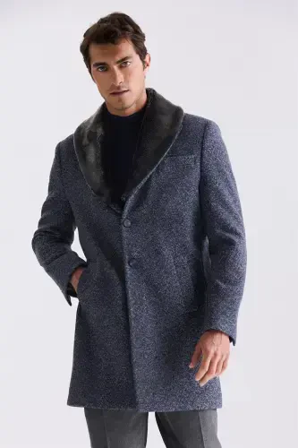 Dark Navy Regular Fit Detachable Fur Collar Patterned Wool Coat 