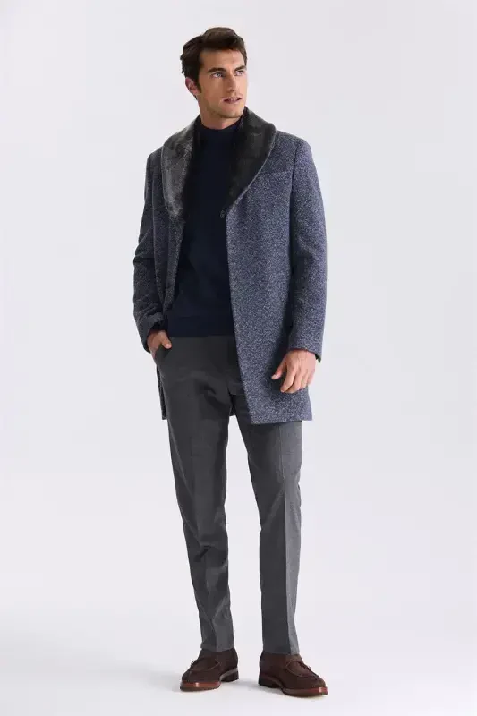 Dark Navy Regular Fit Detachable Fur Collar Patterned Wool Coat - 2