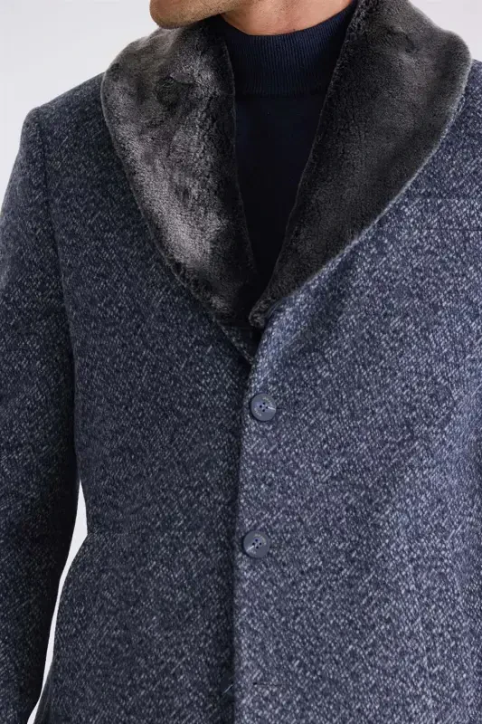 Dark Navy Regular Fit Detachable Fur Collar Patterned Wool Coat - 3