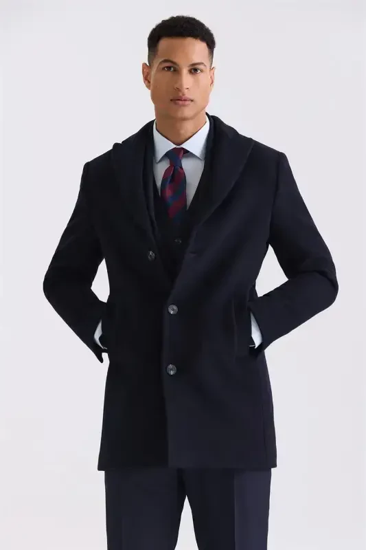 Dark Navy Regular Fit Pointed Collar Side Pocket Wool Cashmere Coat - 1