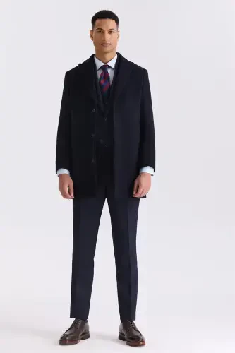 Dark Navy Regular Fit Pointed Collar Side Pocket Wool Cashmere Coat - JAKAMEN (1)
