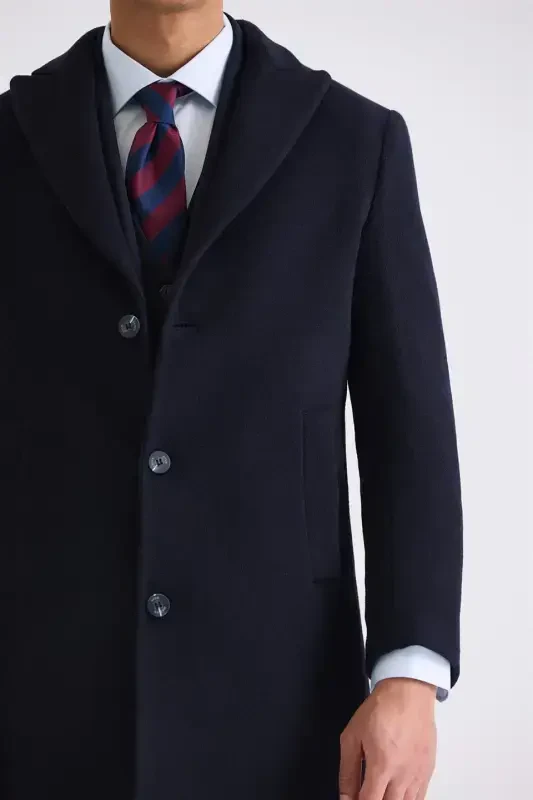 Dark Navy Regular Fit Pointed Collar Side Pocket Wool Cashmere Coat - 3