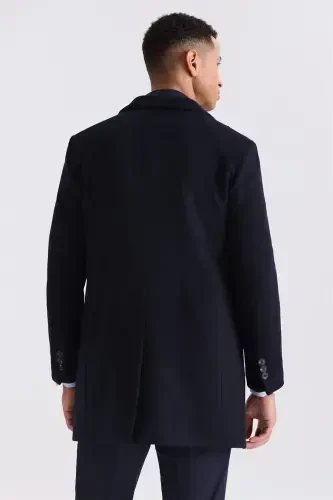 Dark Navy Regular Fit Pointed Collar Side Pocket Wool Cashmere Coat - 4