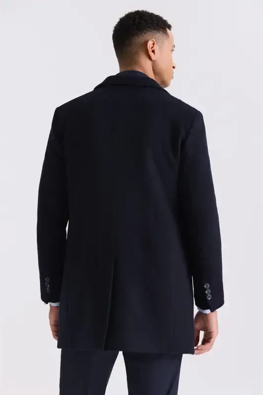 Dark Navy Regular Fit Pointed Collar Side Pocket Wool Cashmere Coat - 4