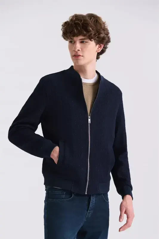 Dark Navy Regular Fit Stand Collar Seasonal Jacket - Modazone