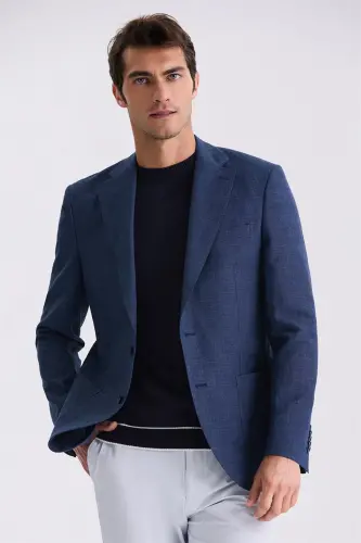 Dark Navy Slim Fit Mono Collar Linen Blazer - 3