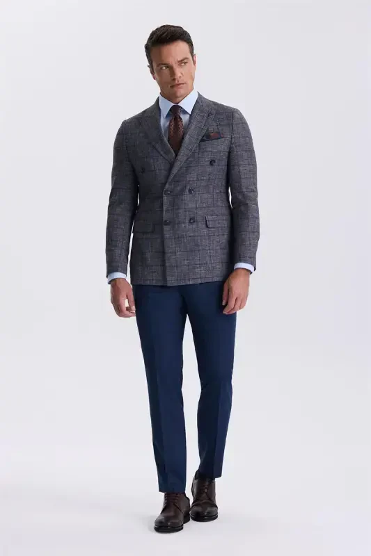 Dark Navy Slim Fit Peak Lapel Plaid Composed Double Breasted Suit - 2
