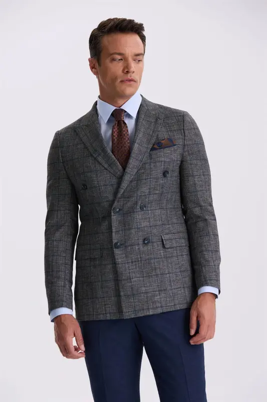 Dark Navy Slim Fit Peak Lapel Plaid Composed Double Breasted Suit - 1