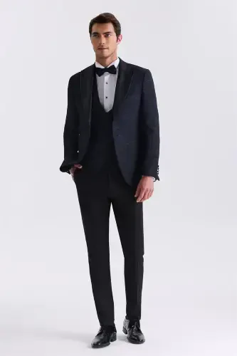 Dark Navy Slim Fit Peaked Lapel Waistcoat Tuxedo Suit - JAKAMEN (1)