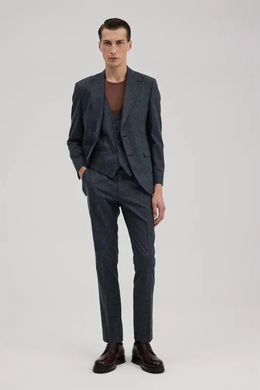 Dark Navy Slim Fit Pointed Collar Vest Suit - 1