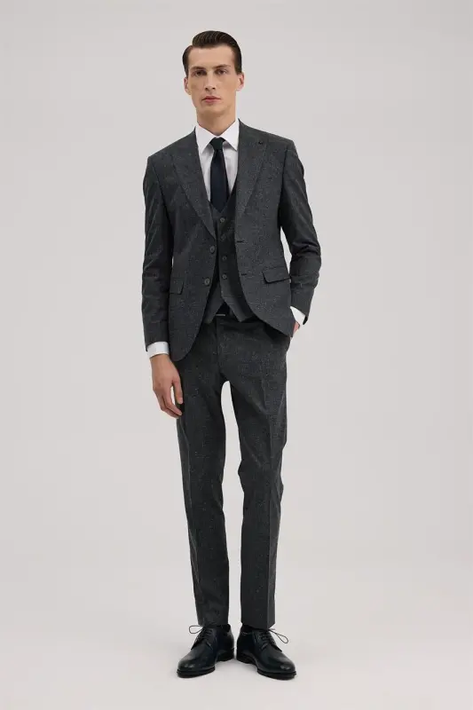 Dark Navy Slim Fit Pointed Collar Vested Suit - 2