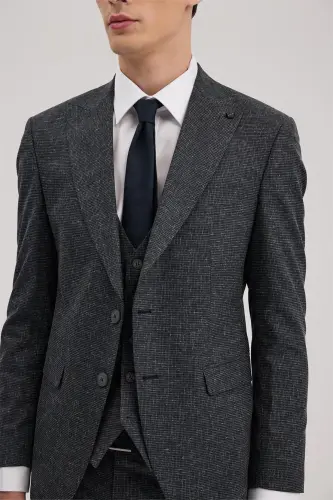 Dark Navy Slim Fit Pointed Collar Vested Suit - 3