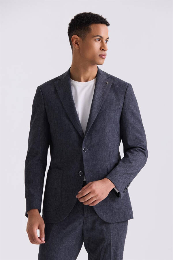 Dark Navy Slim Fit Single Breasted Linen Suit - 2