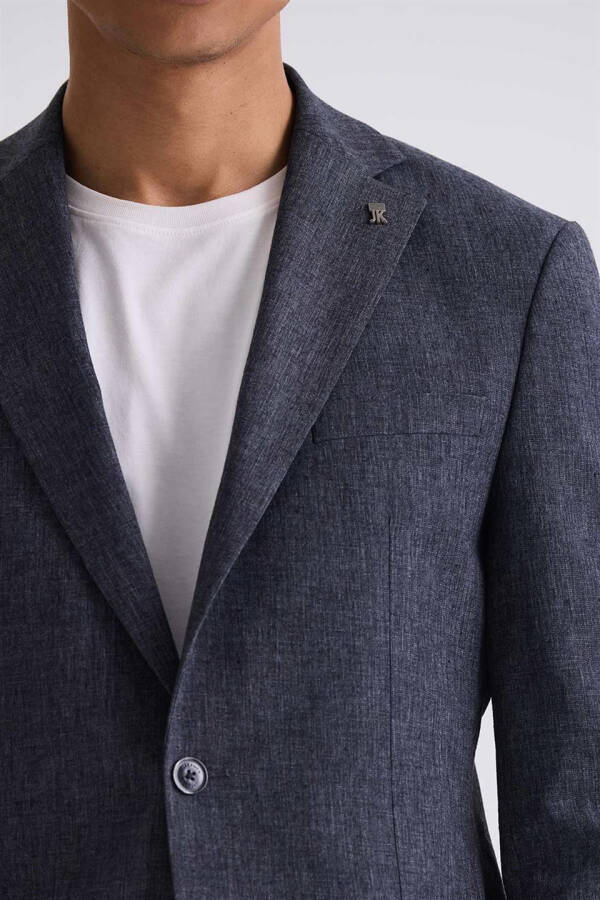 Dark Navy Slim Fit Single Breasted Linen Suit - 3