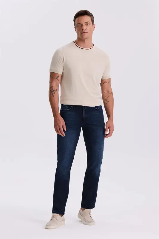 Dark Navy Slim Fit Washed Cotton Jeans - 2