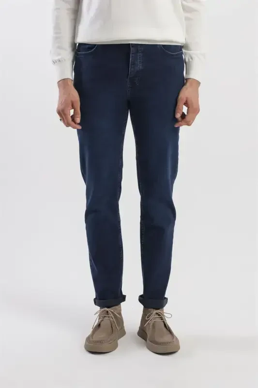 Dark Navy Washed Slim Fit Cotton Denim Jeans - Modazone