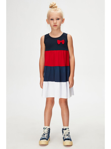 Dark Navy + White Girl Colorful Gathered Strap Dress-Navy - 1