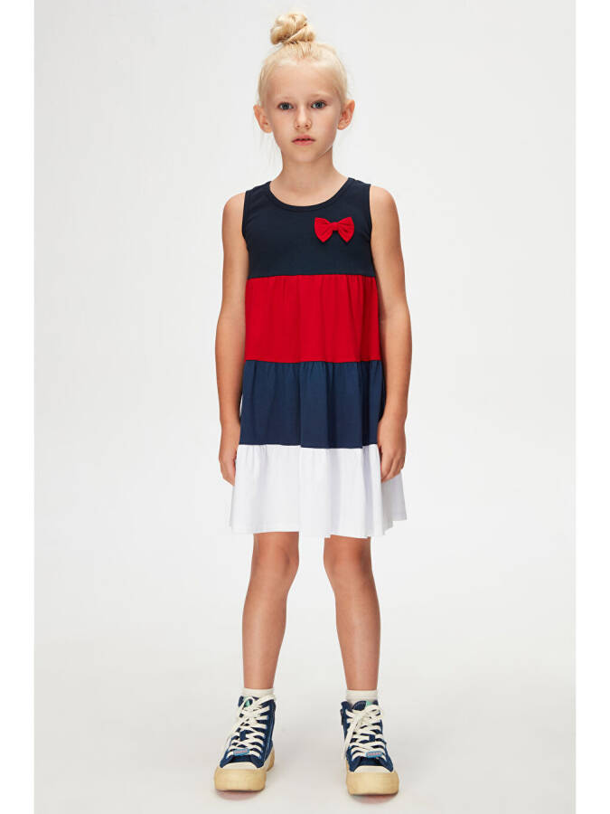 Dark Navy + White Girl Colorful Gathered Strap Dress-Navy - 1