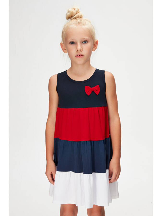 Dark Navy + White Girl Colorful Gathered Strap Dress-Navy - 2