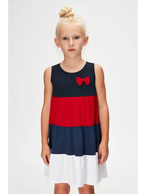Dark Navy + White Girl Colorful Gathered Strap Dress-Navy - 2