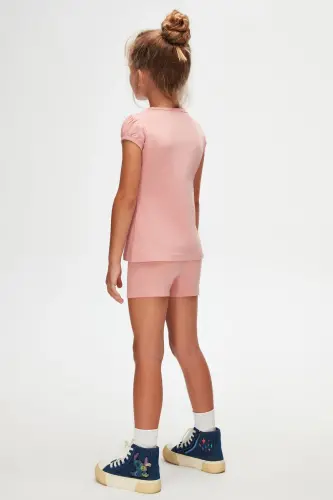 Dark Powder Pink Basic Crew Neck Puff Sleeve Girls' T-Shirt - 5
