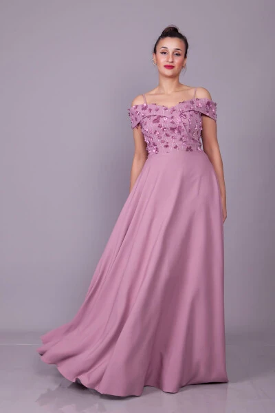 Dark Rose Strappy Off-Shoulder Floral Tulle Detail Maxi Flared Evening Dress - Modazone