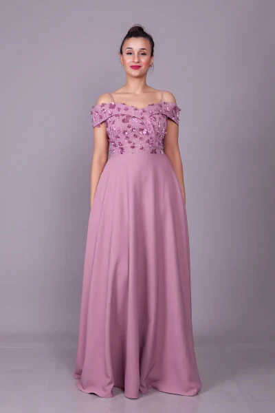 Dark Rose Strappy Off-Shoulder Floral Tulle Detail Maxi Flared Evening Dress - Modazone (1)