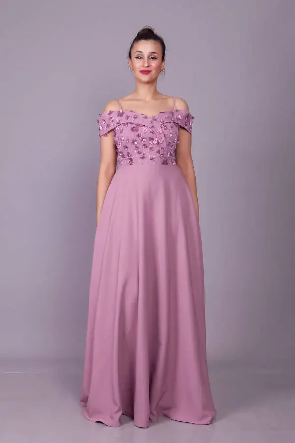 Dark Rose Strappy Off-Shoulder Floral Tulle Detail Maxi Flared Evening Dress - 2