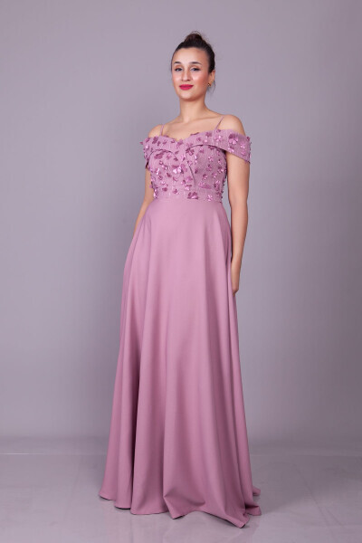 Dark Rose Strappy Off-Shoulder Floral Tulle Detail Maxi Flared Evening Dress - 13