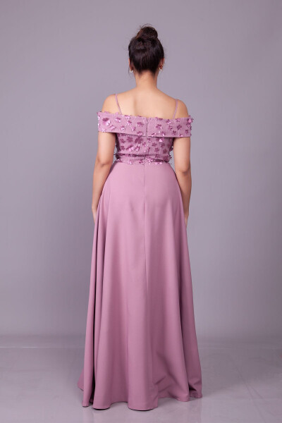 Dark Rose Strappy Off-Shoulder Floral Tulle Detail Maxi Flared Evening Dress - 16