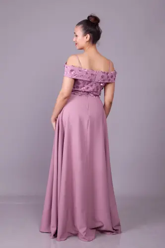 Dark Rose Strappy Off-Shoulder Floral Tulle Detail Maxi Flared Evening Dress - 9