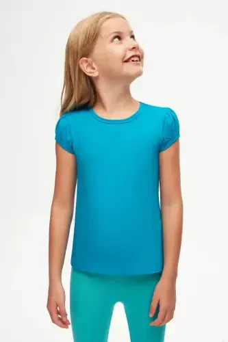 Dark Turquoise Basic Girls' Crew Neck Watermelon Sleeve T-Shirt-OCEAN TURQUOISE - LOVETTI (1)