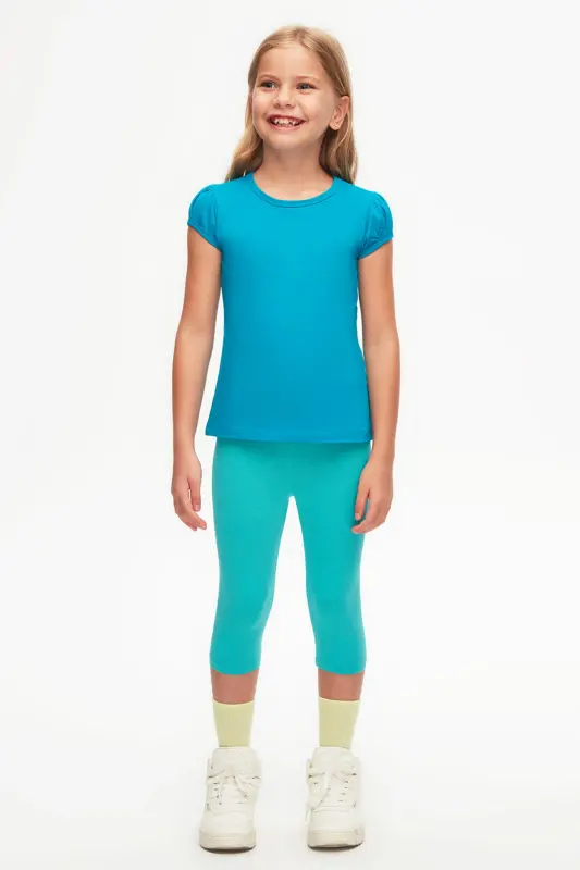 Dark Turquoise Basic Girls' Crew Neck Watermelon Sleeve T-Shirt-OCEAN TURQUOISE - 1