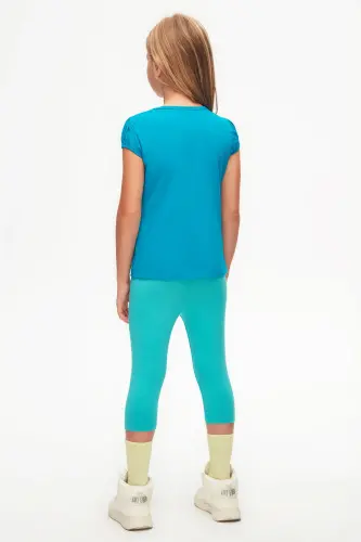 Dark Turquoise Basic Girls' Crew Neck Watermelon Sleeve T-Shirt-OCEAN TURQUOISE - 4