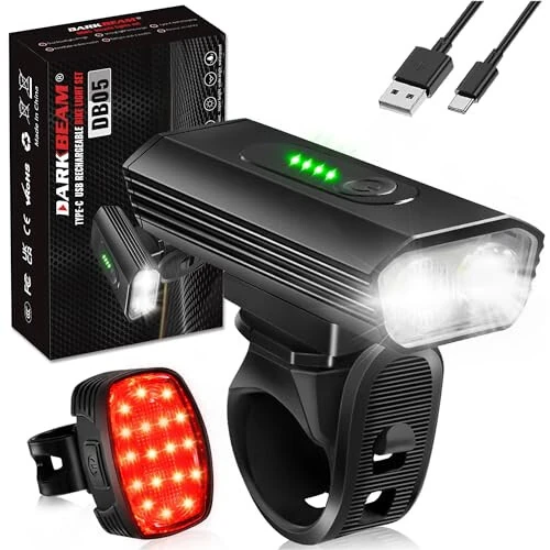 DARKBEAM Bike Headlight Rechargeable USB-C, Bicycle Lights 4000LM Ultra Bright, Mountain Bike Light Set for Night Riding, 6+5 Mode Waterproof Front Bike Light & Rear Light for Road, Cycling - DARKBEAM